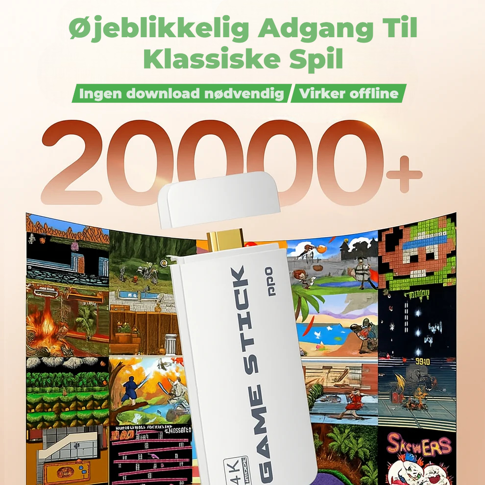 RetroBølge™ Mini GameStick – Retro Spilkonsol med 20.000+ Spil