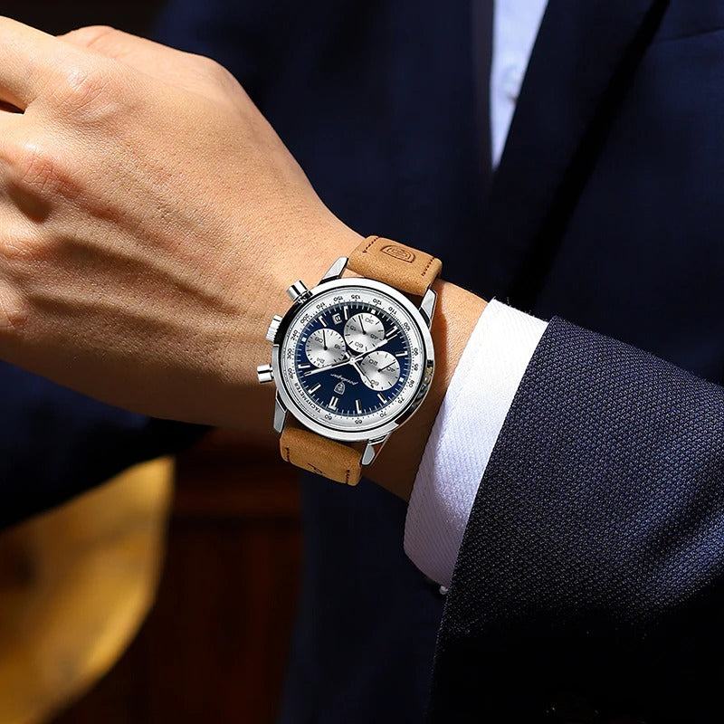 Sportief en luxe herenhorloge met echt leren band